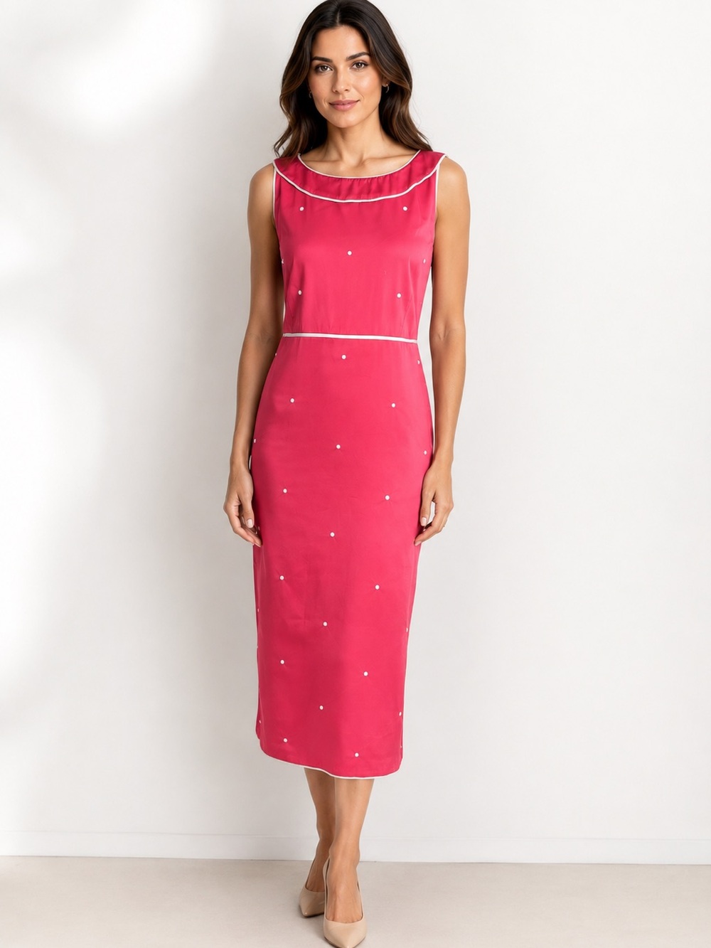 Ann Taylor Pink with White Dot Sleeveless Sheath Dress NWT